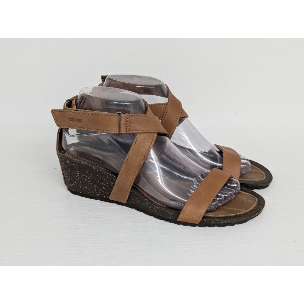 Womens Teva Cabrillo Crossover Wedge Sandals Brown Leather Ankle Strap Sz 7.5
